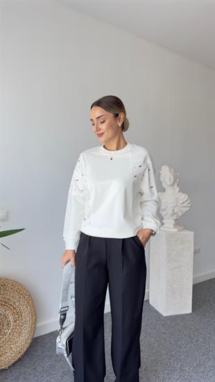 Zack Marka Model Taş Detaylı Beyaz Sweatshirt