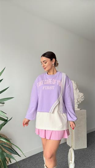 Levu Yazı Ve Dantel Detaylı Sweatshirt