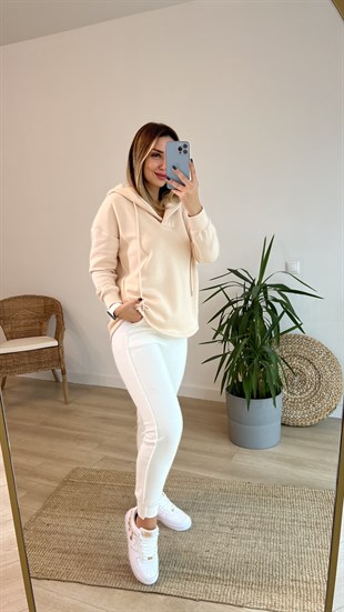  Kapüşonlu Yaka Detay Bej Sweatshirt