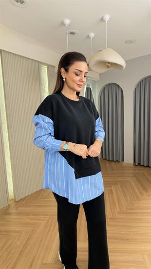 Mavi Taşlı Poplin Garnili Modal Takım