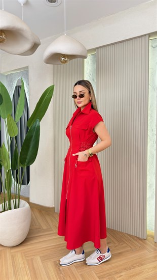 Kırmızı Yan Bağcık Detaylı Marka Model Elbise