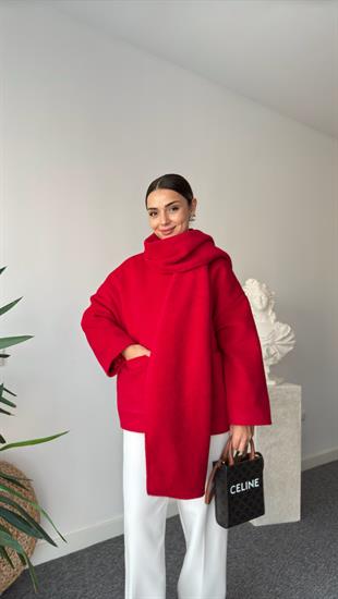 Yuthi Kaşkol Detaylı Astarlı Kırmızı Kaban