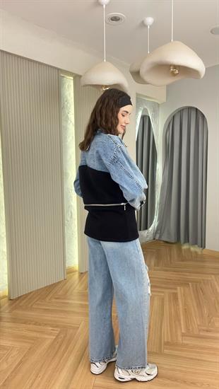 Mavi Kot Garnili Fermuarlı Sweat