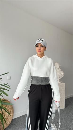 Yan Bağcıklı Kot Garnili Beyaz Sweat