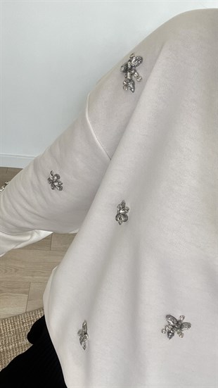 Taşlı Beyaz Sweatshirt