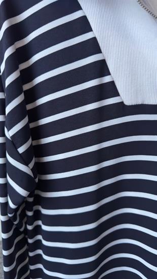 Beyaz Ribanalı Yarım Fermuar Çizgili Sweatshirt