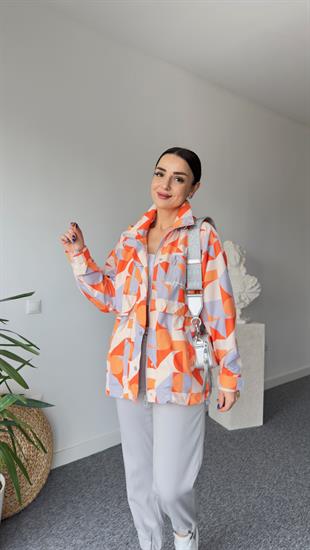 Geometrik Desen Turuncu Yağmurluk