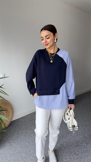 Yan Gömlek Parçalı Lacivert Modal Sweat