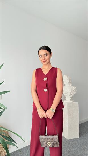 Bordo Vagner Gold Düğme Yelek