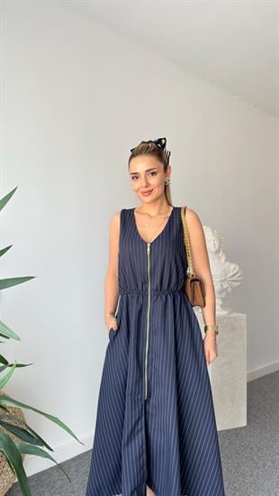 Sone Çizgili Fermuar Detay Laci Elbise 