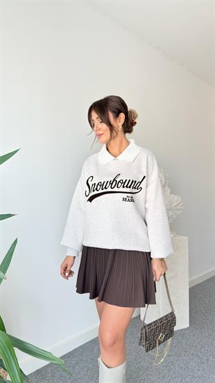 Ruzi Yaka Detaylı Yazılı Bej Sweatshirt