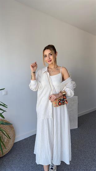 Düşük Omuzlu Bej Oversize Gömlek 