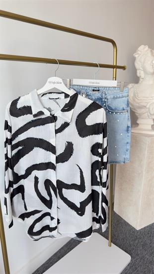 Taş Detaylı Siyah Desen Keten Gömlek