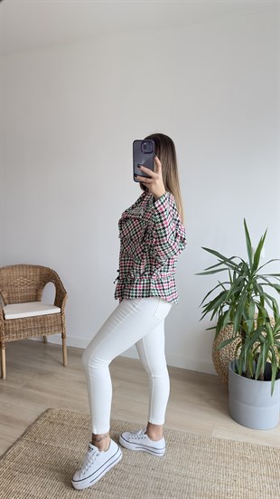 Renkli Kazayağı Desen Büzgülü Ceket