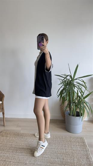 Mihra Şerit Detaylı Siyah Kimono