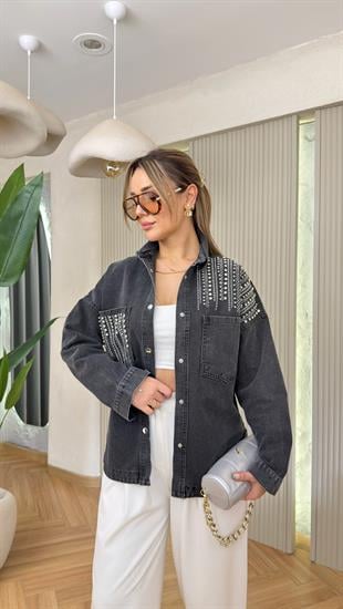 Antrasit Linia Taş Detaylı Jean Ceket 