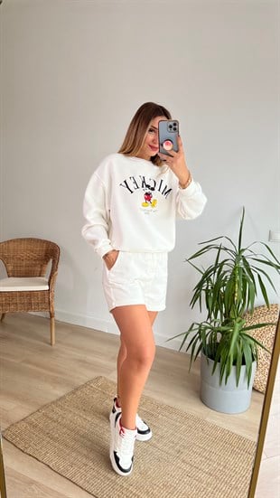 Mickey İşlemeli Beyaz Sweatshirt