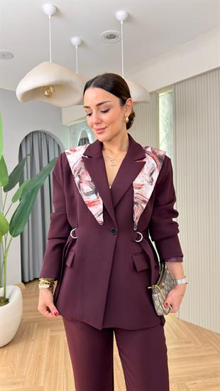 Bordo Şal Detaylı Tasarım Blazer Takım