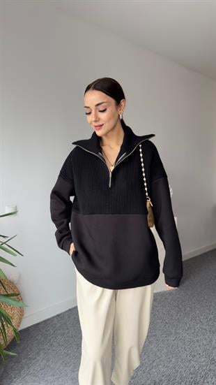 Üst Trikolu Fermuarlı Siyah Sweatshirt
