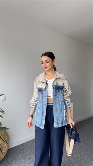 Bej Paraşüt Detaylı Kapüşonlu Jean Ceket