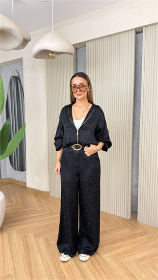 Siyah Tenra Kemerli Saten Leopar Pantolon