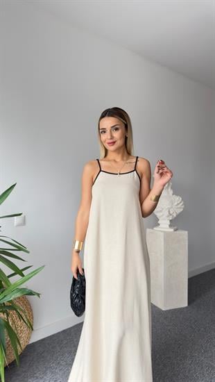 Siyah Biyeli Askılı Keten Elbise 