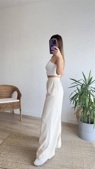 Beli İşleme Lastikli Keten Pantolon