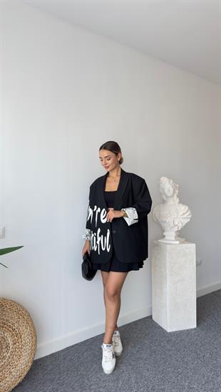 Libby Yazı Detaylı Siyah Blazer Ceket