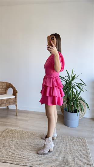 Pembe Katlı Balon Kol Elbise