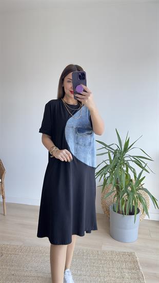Kot Detaylı Siyah Basic Elbise 