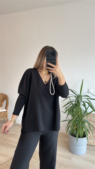 V Yaka Siyah Basic Bluz