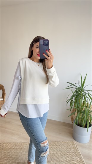 Çizgili Gömlek Detaylı Beyaz Sweat