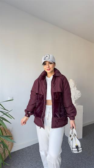 Peluş Detay Büzgülü Bordo Mont