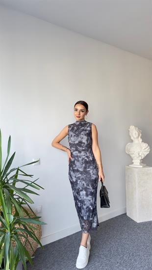 Yan Yazılı Batik Desen Sandy Elbise