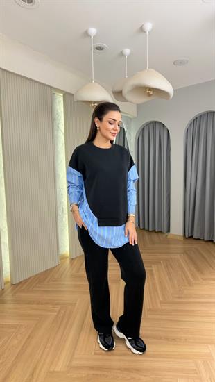Mavi Taşlı Poplin Garnili Modal Takım