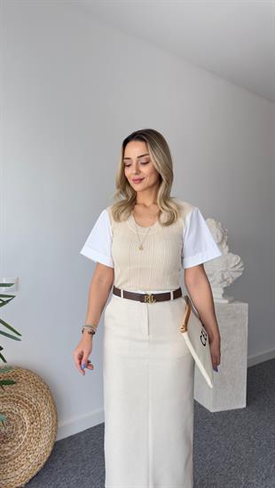 Kollar Poplin Detay Bej Orj Model Bluz