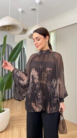 Louje Yarasa Kol Desenli Şifon Bluz