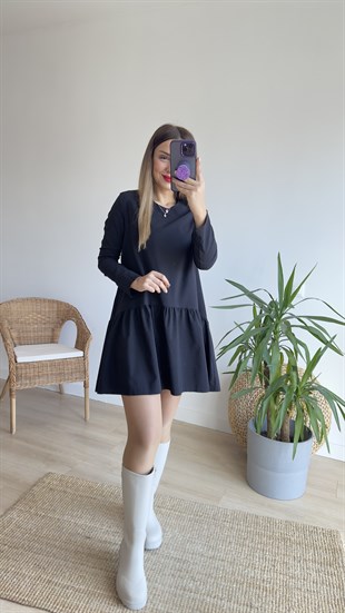 Uzun Kol Siyah Basic Elbise 