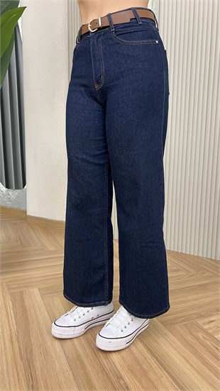 Lacivert Gina Kemer Detaylı Wide Leg Jean
