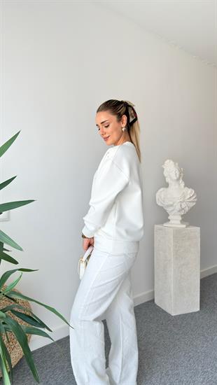 Beyaz Ravev Aksesuarlı Scuba Sweat