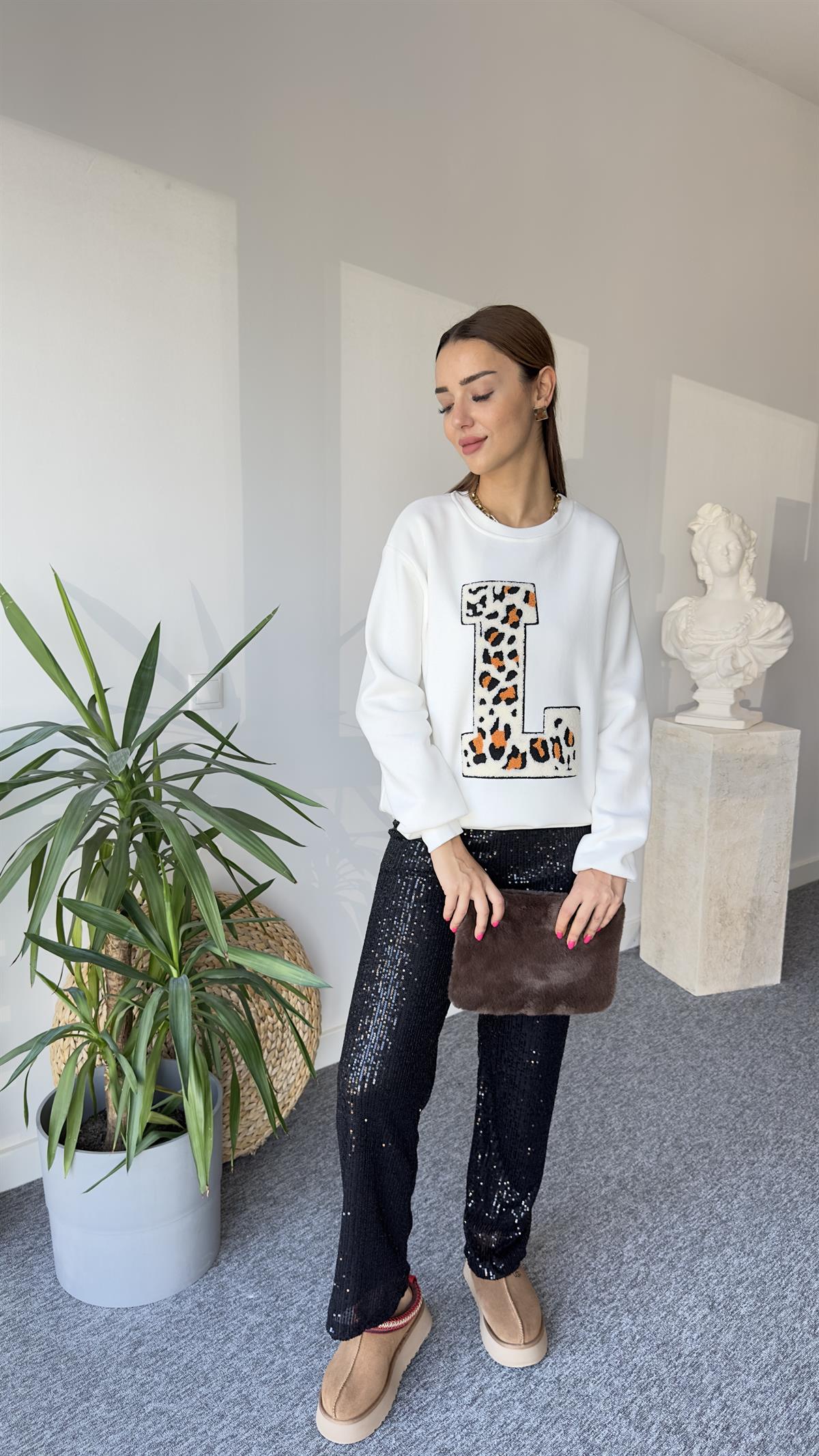 L Baskı Leopar Detay Beyaz Zra Sweat