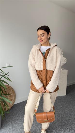 Kahve Kapitone Detaylı Ekru Teddy Ceket
