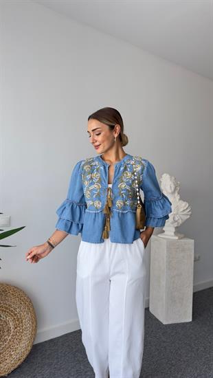 Mavi Önden Bağlamalı Ve Nakışlı Kolları Fırfır Detaylı Denim Bluz