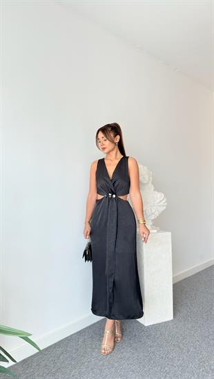 Siyah Pencere Detaylı Boncuklu Elbise