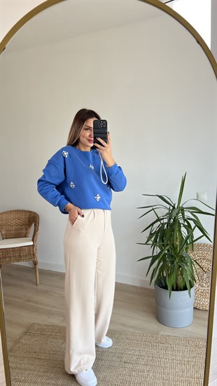 Şardonlu Mavi Taşlı Sweat