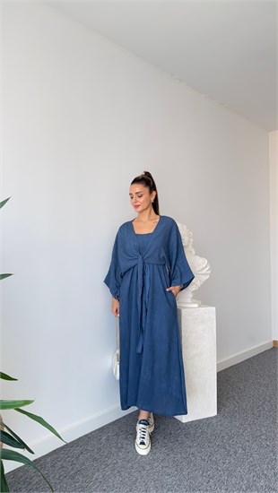 Lacivert Loter Bluz Elbise İkili Takım