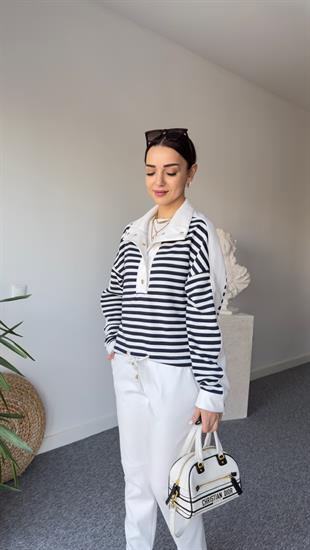 Deri Garnili Çizgili Sweatshirt