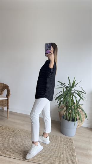 Fermuarlı Şerit Detay Siyah Ceket