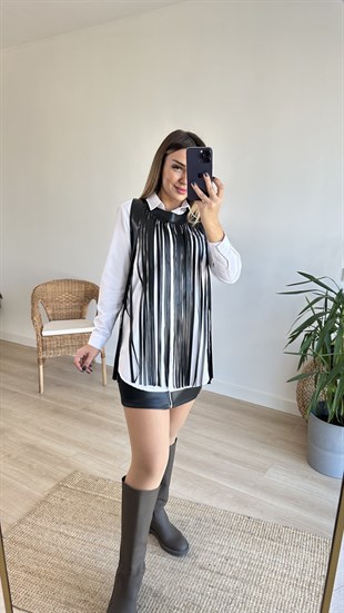 Püsküllü Siyah Deri Yelek