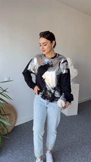 Carry Varaklı Siyah Sweatshirt